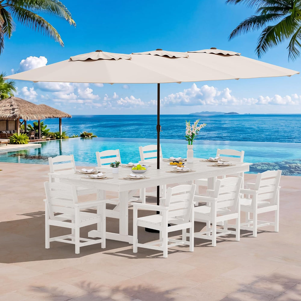 SERWALL 10Pcs 84" HDPE Outdoor Dining Set w/Armchairs & Umbrella,White