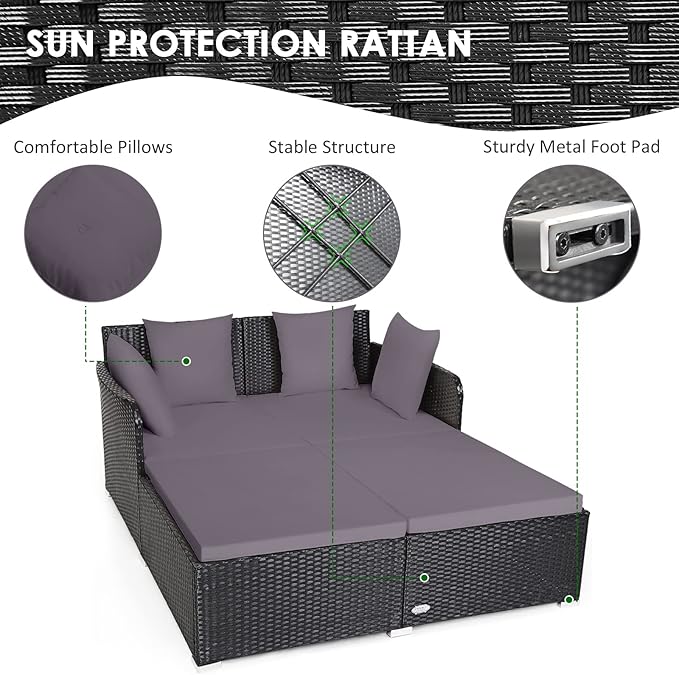 COSTWAY Outdoor Patio Rattan Daybed, Sponge Cushioned Loveseat Sofa with 4 Pi...