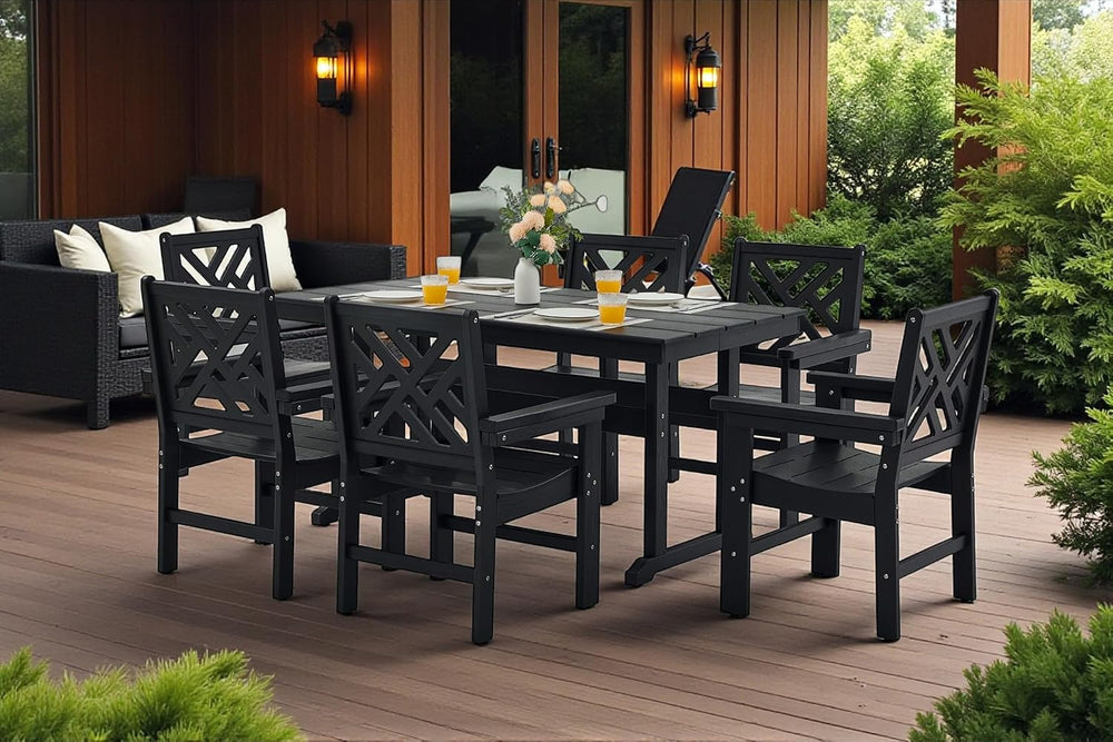7 Piece HDPE Outdoor Dining Set for 6, Patio DHPE Furniture Set with Umberlla...