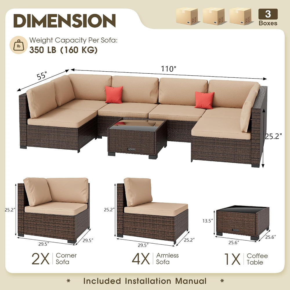 LHBcraft 7 Piece Outside Sectional Furniture Set, All Weather Wicker Patio So...