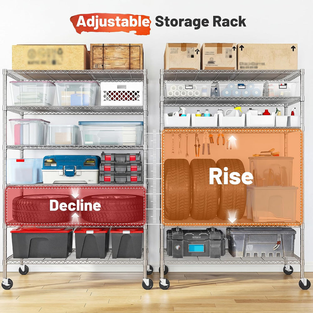 Romorgniz 6-Tier Rolling Storage Shelves with Locking Wheels, Garage Chrome