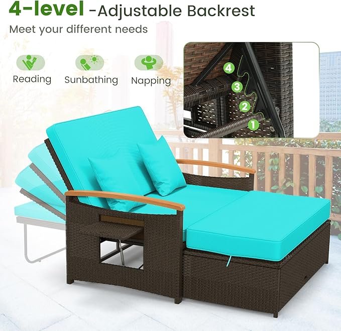 Tangkula Patio Rattan Daybed with 4-Level Adjustable Backrest, Outdoor Wicker...