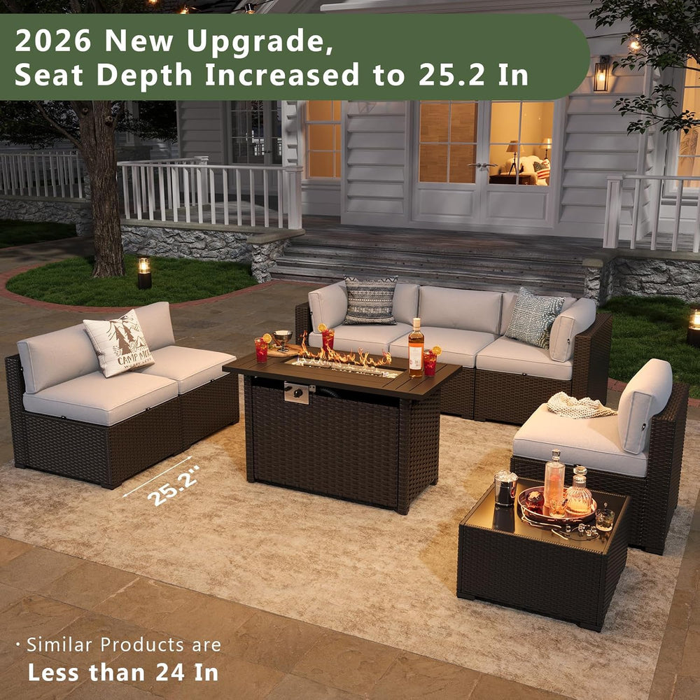Aoxun 8 Piece Patio Furniture Set with 44” Fire Pit Table, Wicker Rattan Pati...