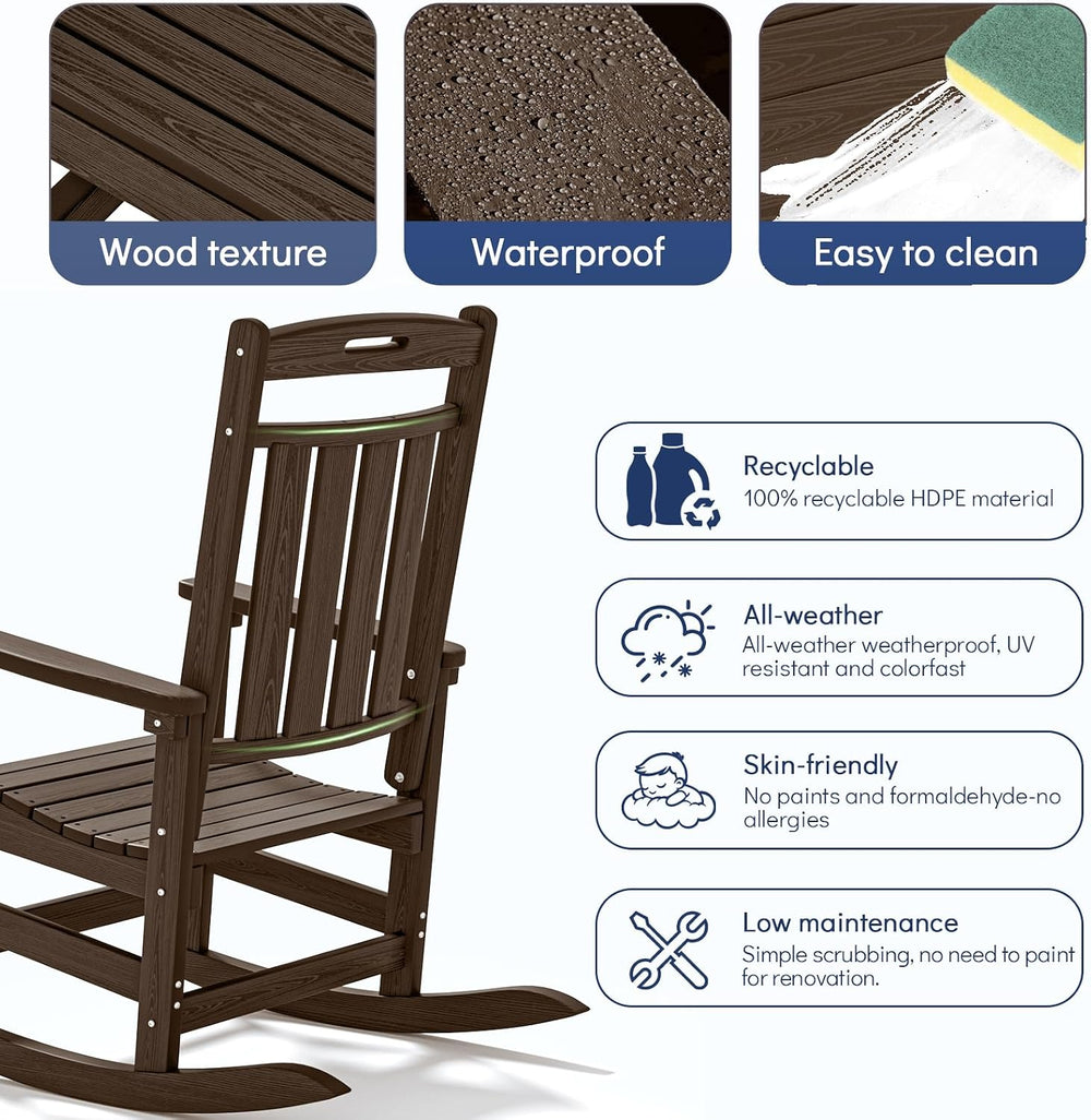 Plawdlik Oversized Outdoor Rocking Chair, All-Weather Patio Rocker, Coffee