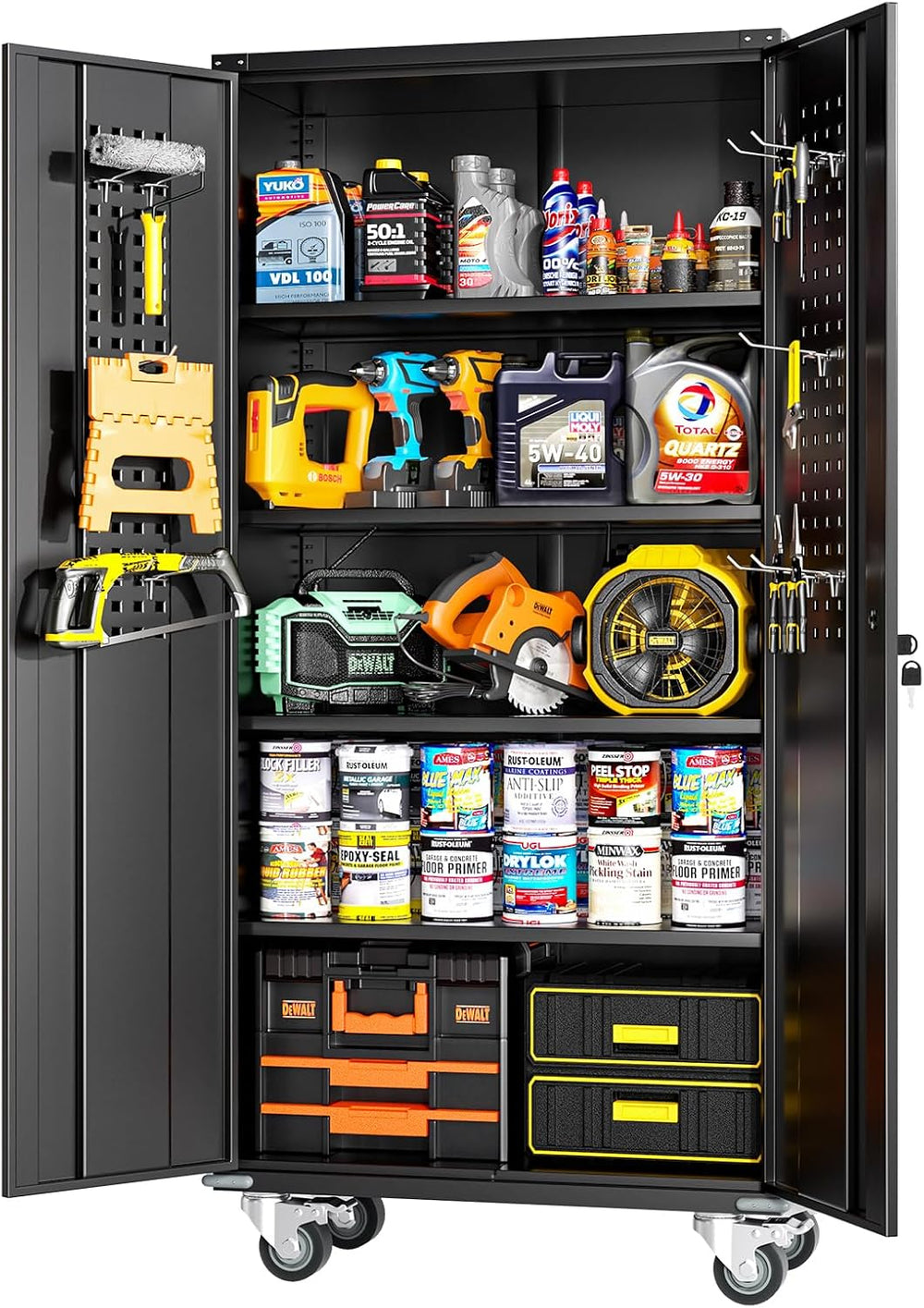 72" Black Metal Storage Cabinet with Wheels, Pegboards, Locking Doors an...