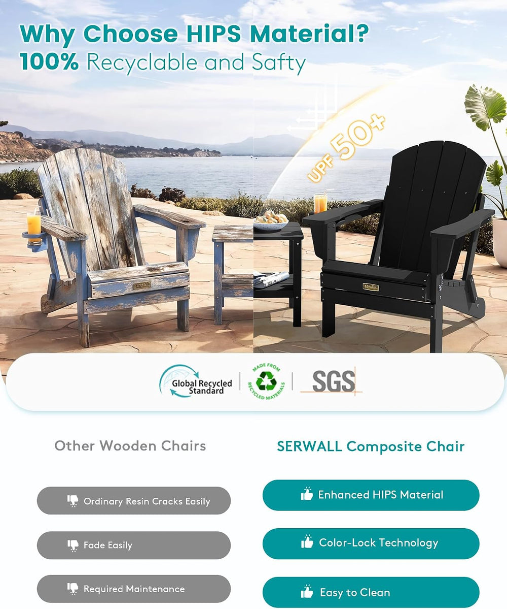 SERWALL Folding Adirondack Chairs with Cup Holder, Outdoor Fire Pit - Black