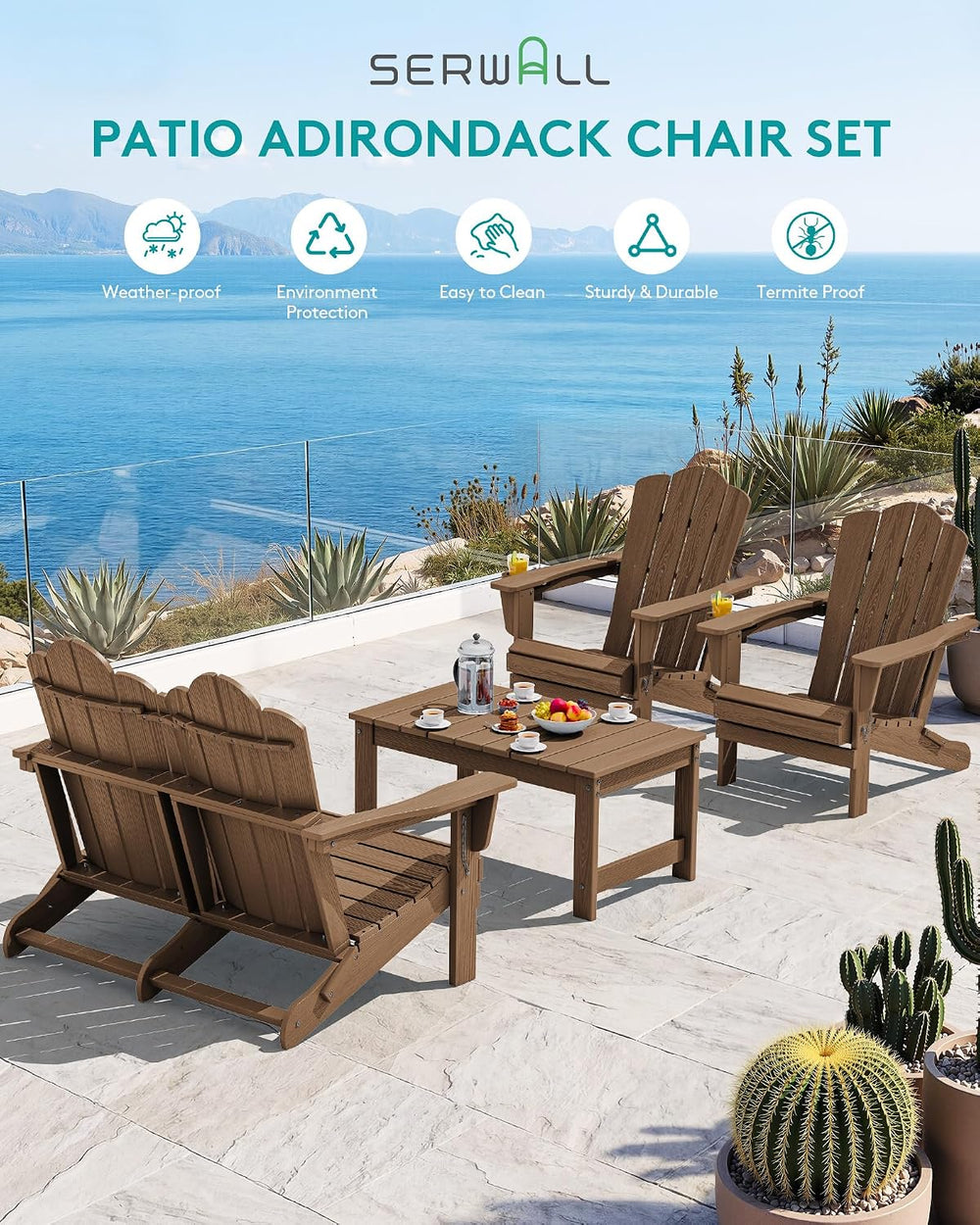 SERWALL Folding Adirondack Bench, HDPE Outdoor Bench, 660lbs Cap, Brown