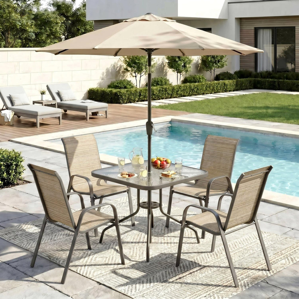 Arlopu 5 Pieces Outdoor Patio Dining Set, Glass Table and Textilene Chair