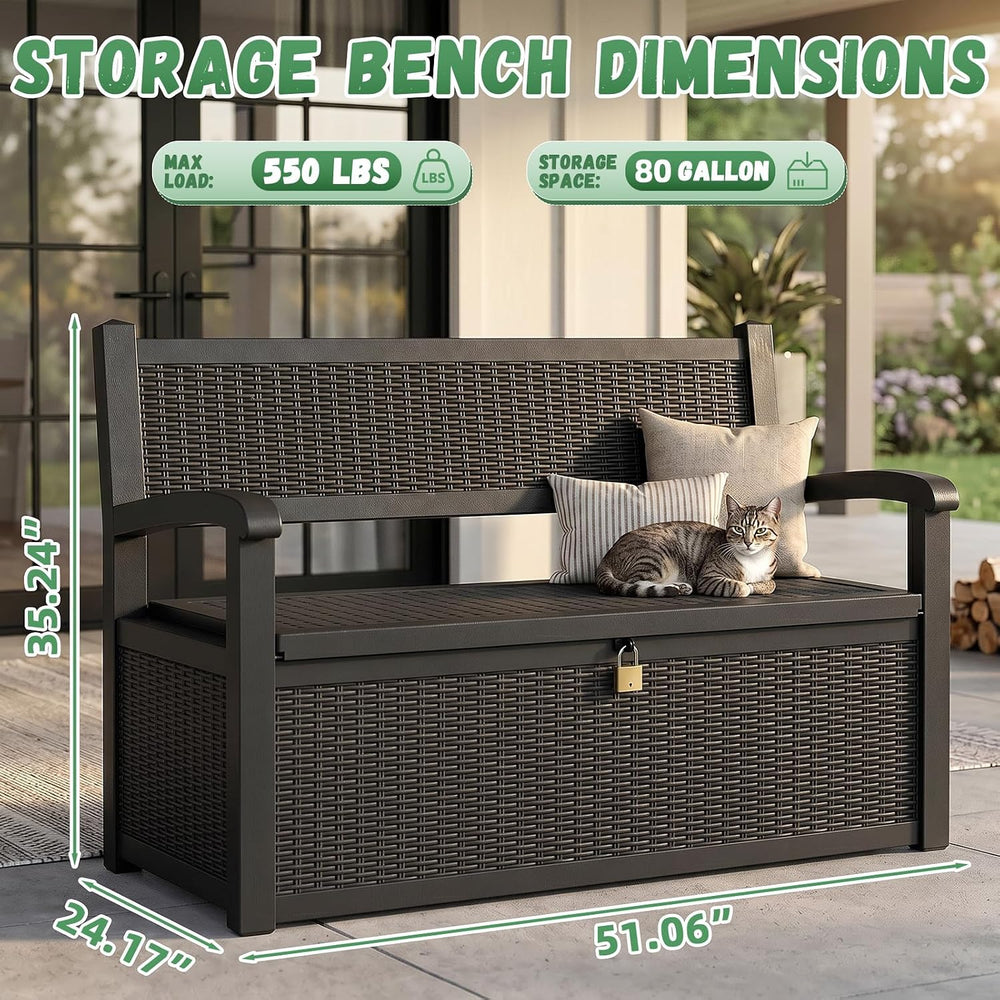 80 Gallon Outdoor Storage Bench Waterproof Resin Lockable UV Resistant Deck B...