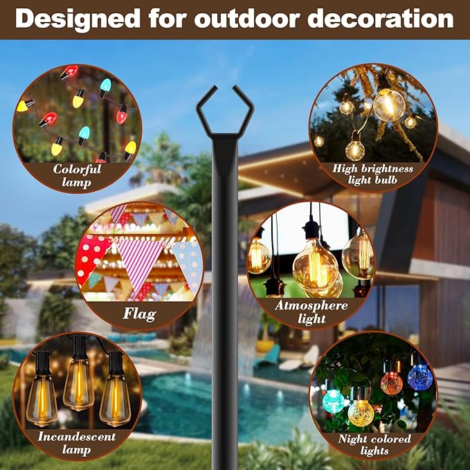 10Ft String Light Poles 4 Pack,Light Poles for Outside Lights,Outdoor with Fe...