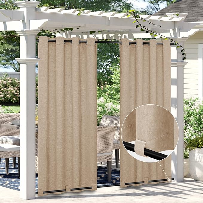 Easy-Going Linen Look Outdoor Curtains Waterproof Windproof Porch Curtains, S...