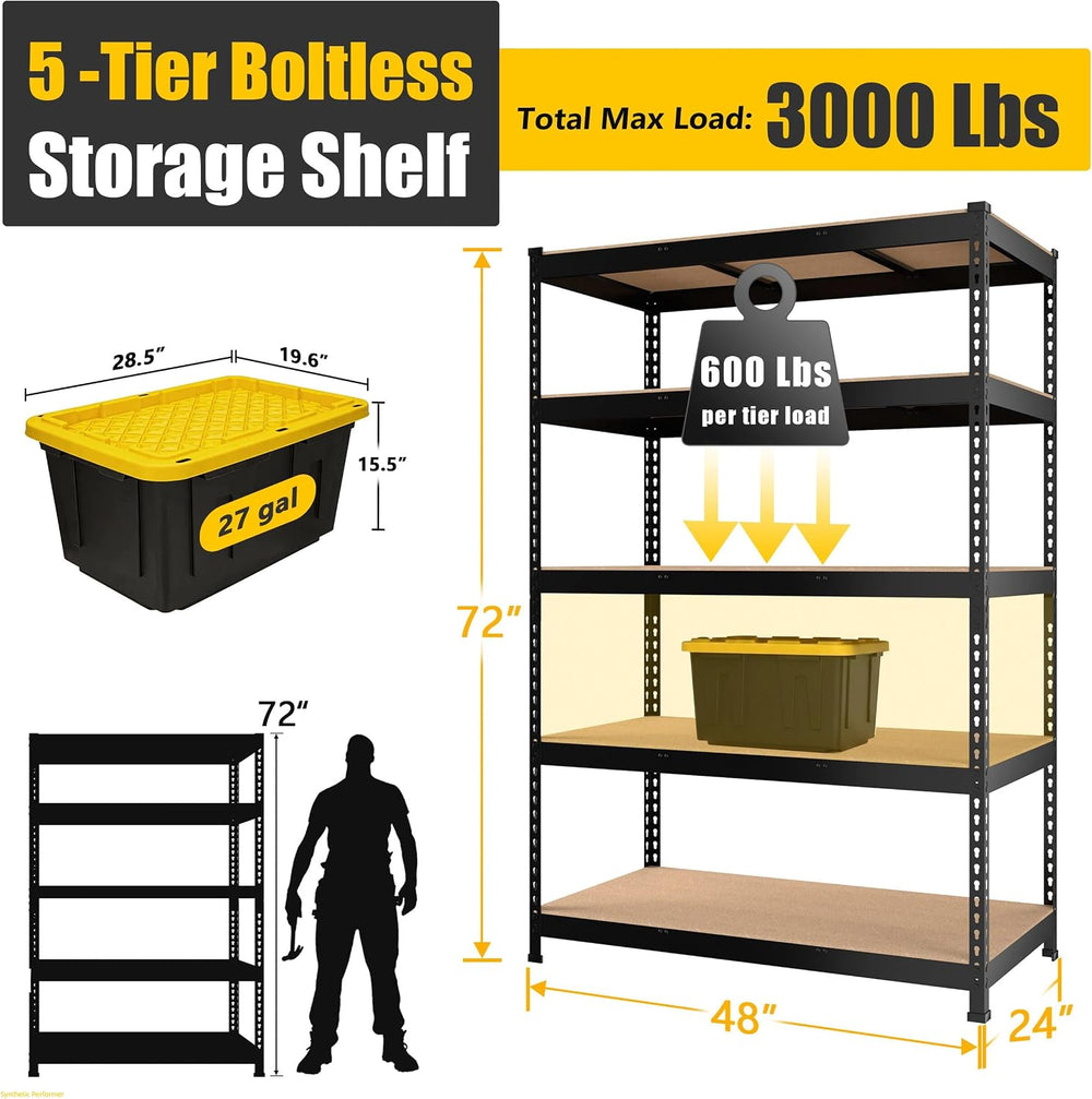 PrimeZone 48"W x 24"D x 72"H Garage Storage Shelves, 5-Tier Me...