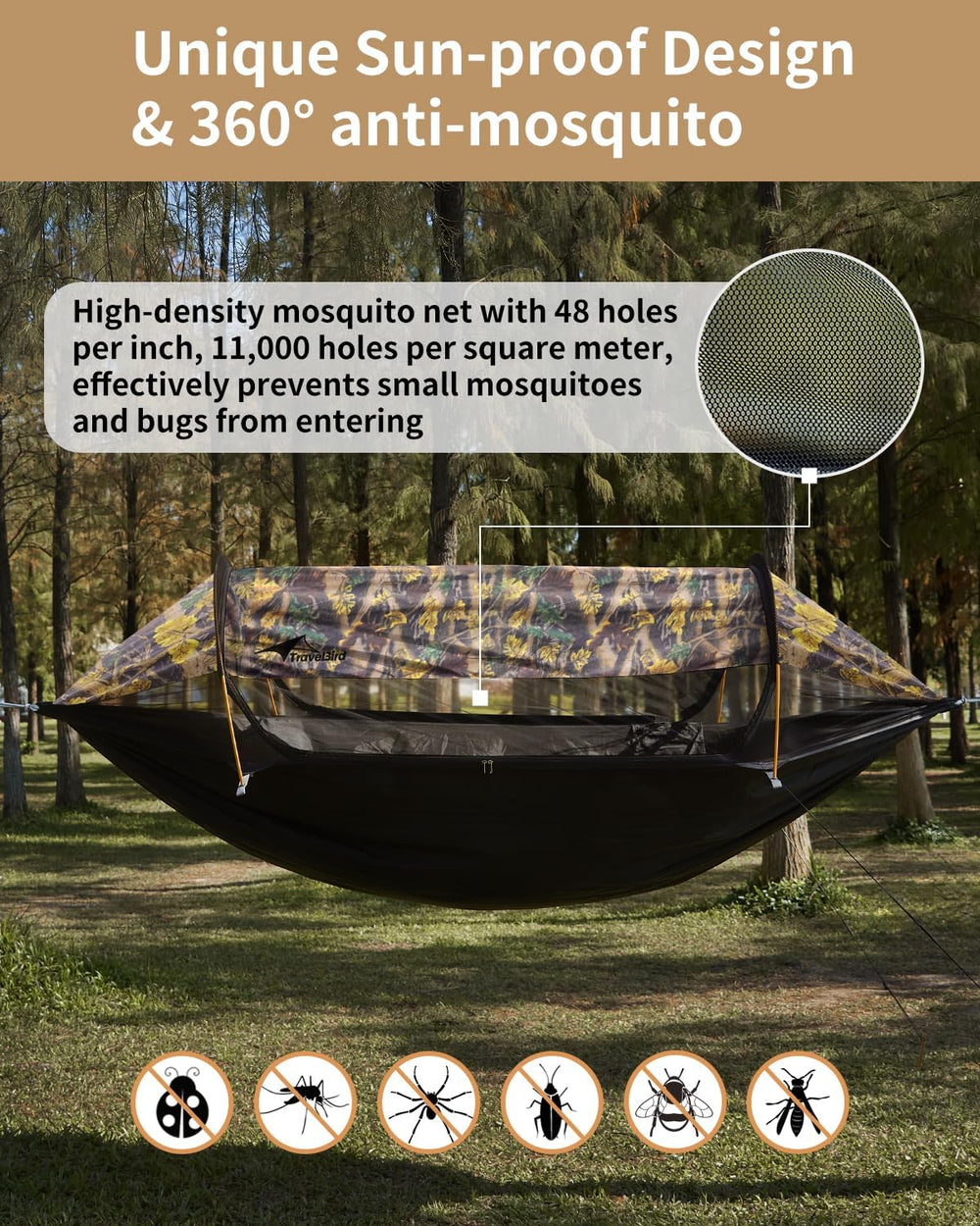 3-in-1 Camping Hammock Tent with Mosquito Net & UV Sunshade