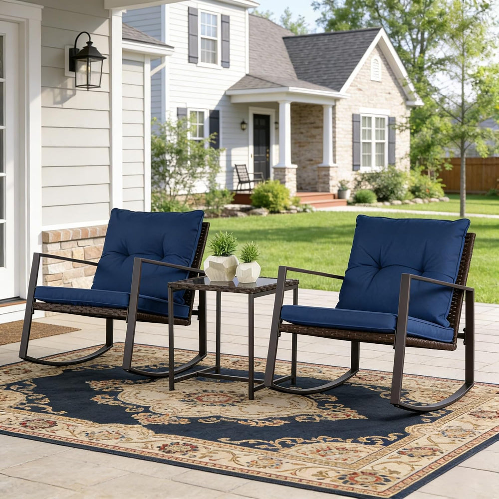 SUNCROWN 3 Piece Outdoor Rocking Bistro Set Brown Wicker Furniture Porch Chai...