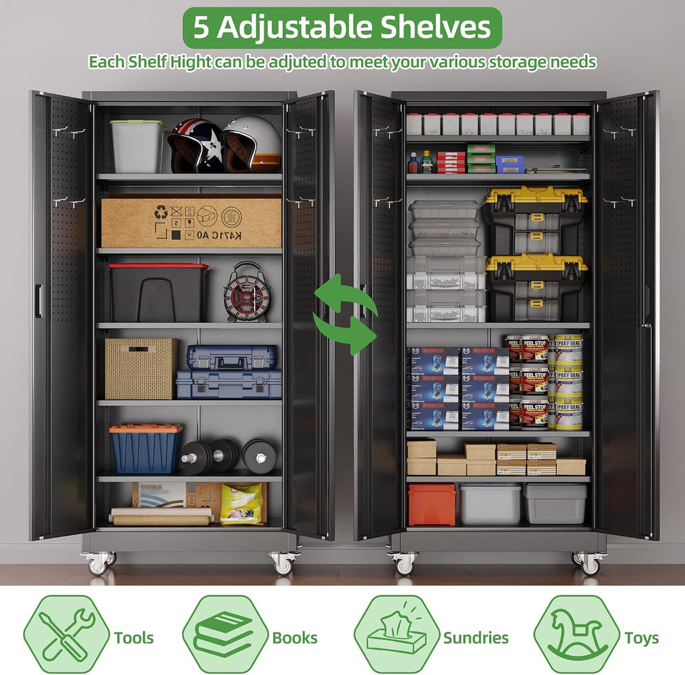 Reemoon 5 Adjustable 170 lb Shelves, Lockable Doors, Door pegboard and 4 Remo...