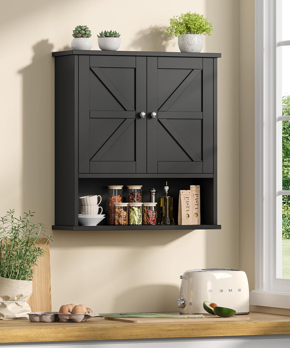 Black Bathroom Wall Cabinet with Adjustable Shelf & Barn Doors