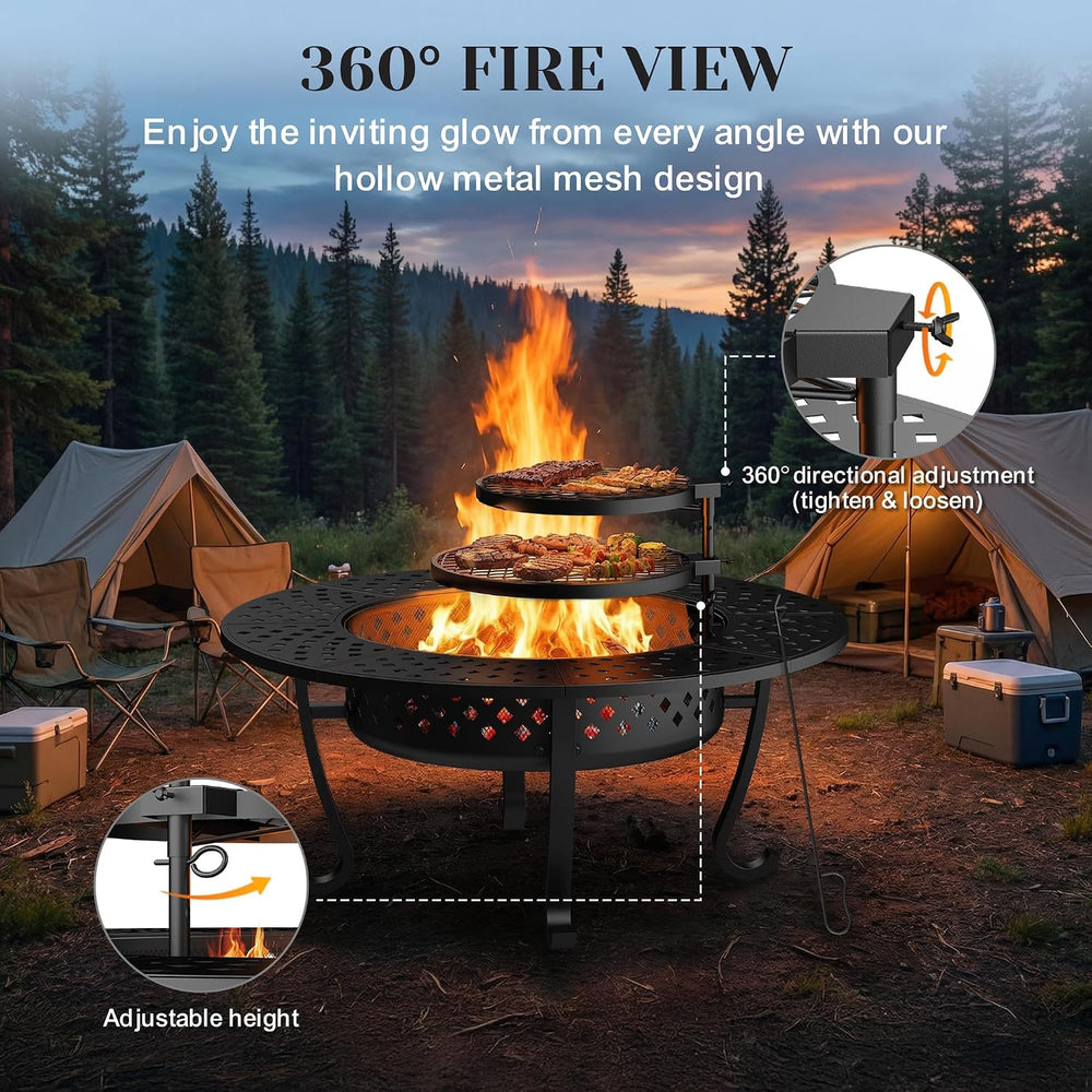 43" Fire Pit, Firepit with Adjustable 2 Grills & Lid & Fire Poke...