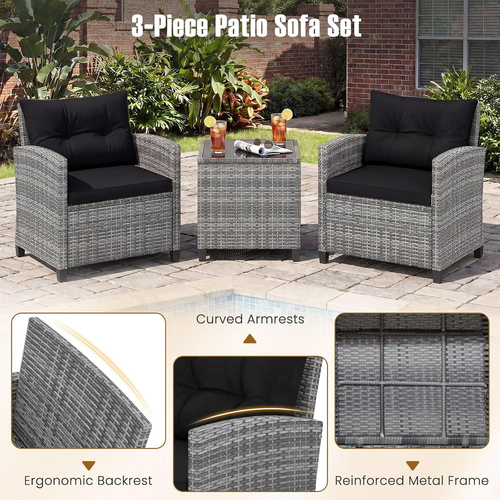 COSTWAY 3PCS Wicker Patio Furniture Set with Cushions for Balcony and Porch