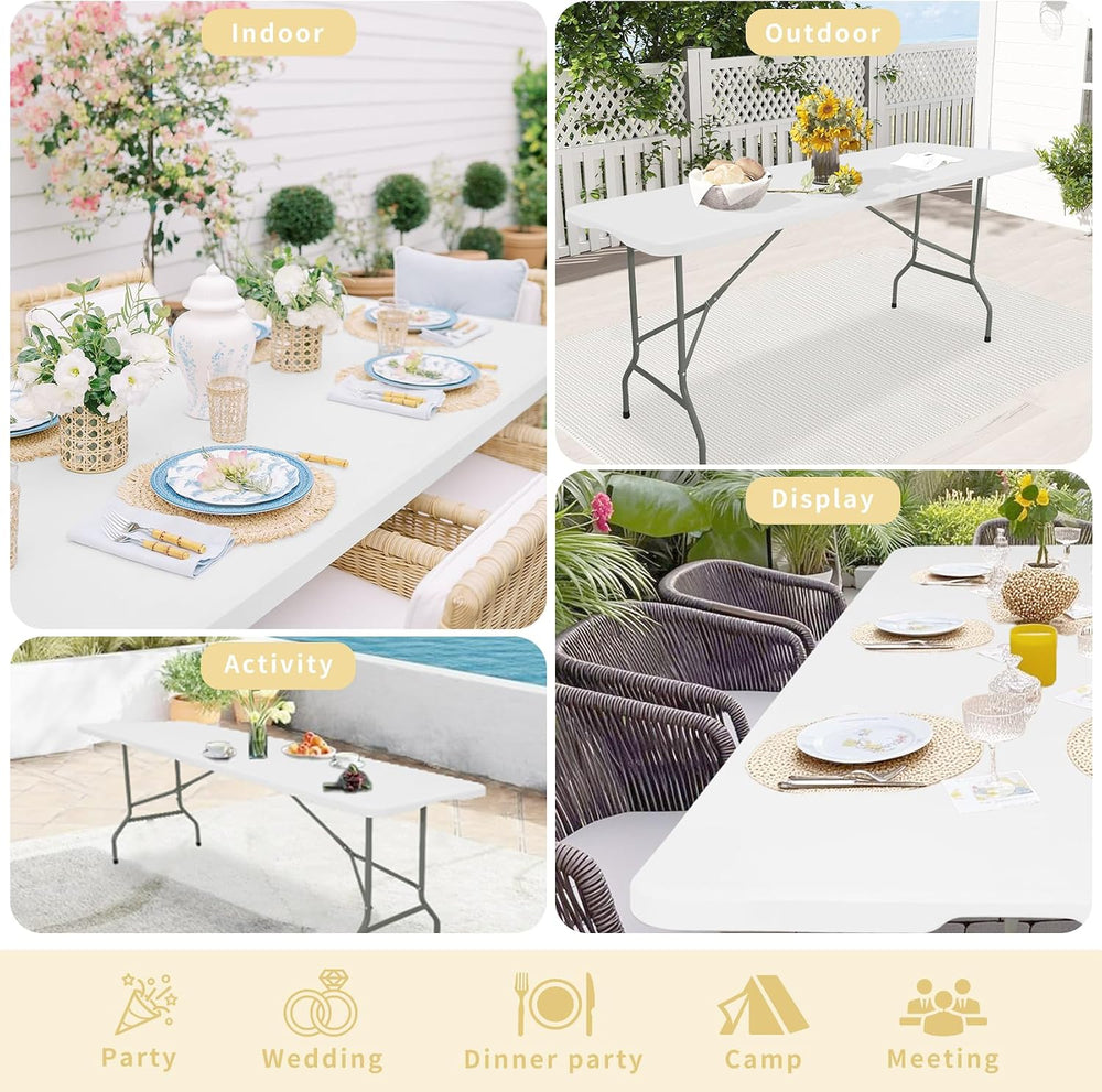 Set of 2 Folding Table 6 FT Lightweight Camping Table White Portable Plastic ...