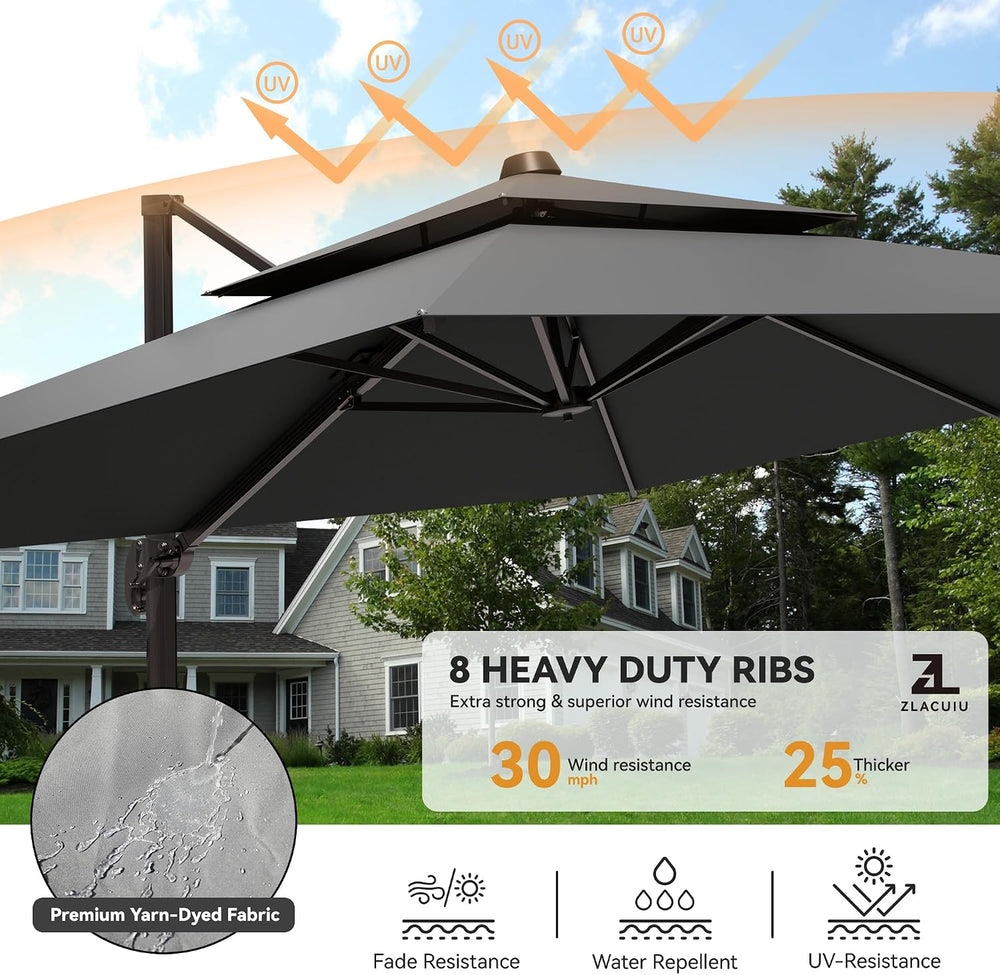 9x12FT Grey Cantilever Outdoor Patio Umbrella with Base, Large Rectangular Of...