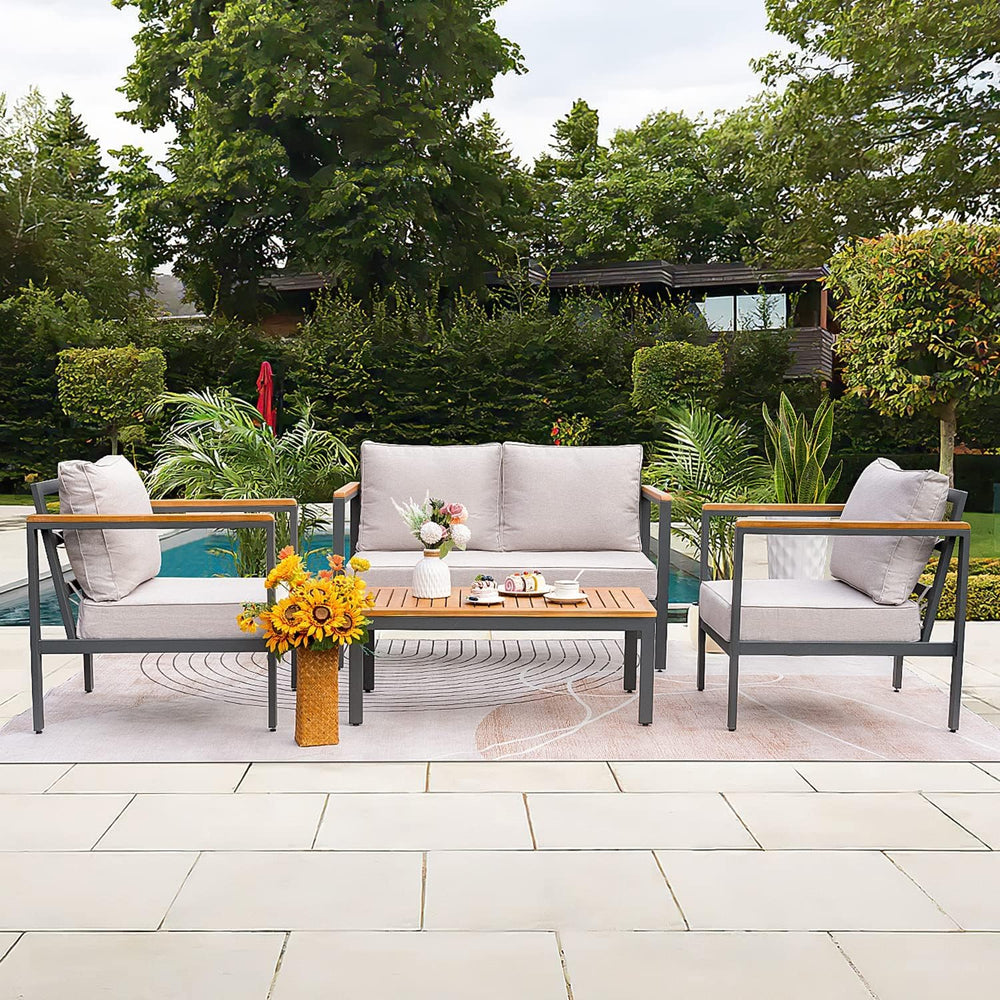 Greesum 4 Piece Furniture Patio Lounge Conversation Set Solid Wood Armrest &a...