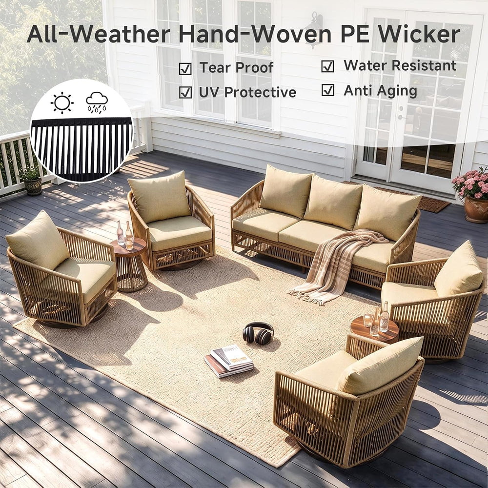 Pia Ricco 7 Pieces Patio Furniture Set, PE Wicker Rope Outdoor Sofa with Swiv...