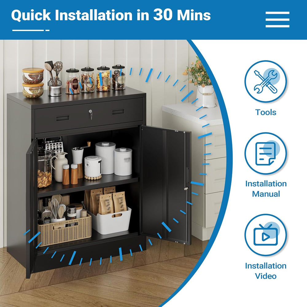 Metal Storage Cabinet, 36" Locking Cabinet with 1 Drawer & Shelves