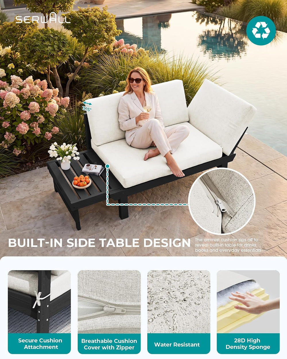SERWALL HDPE Convertible Patio Couch Sofa Bed with Adjustable Armrests, Outdo...