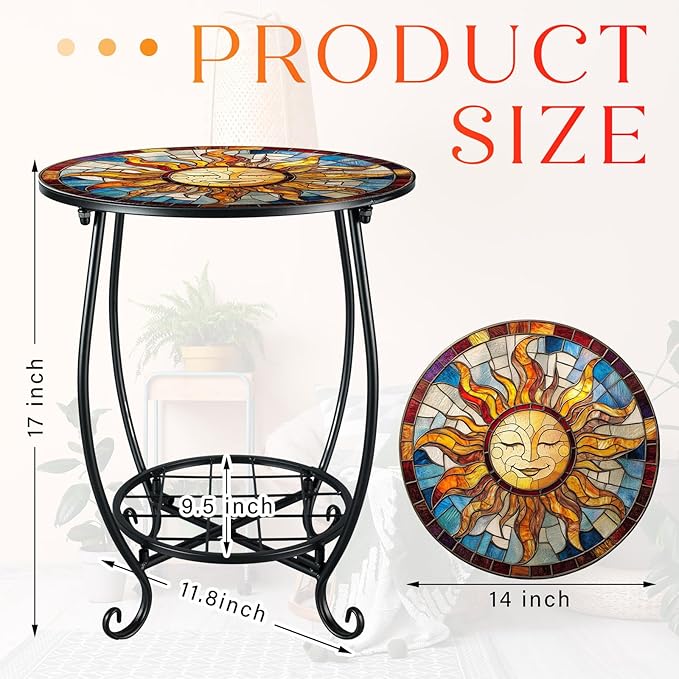 Outdoor Side Table Round Small Mosaic Patio Accent Indoor End Plant Coffee Te...