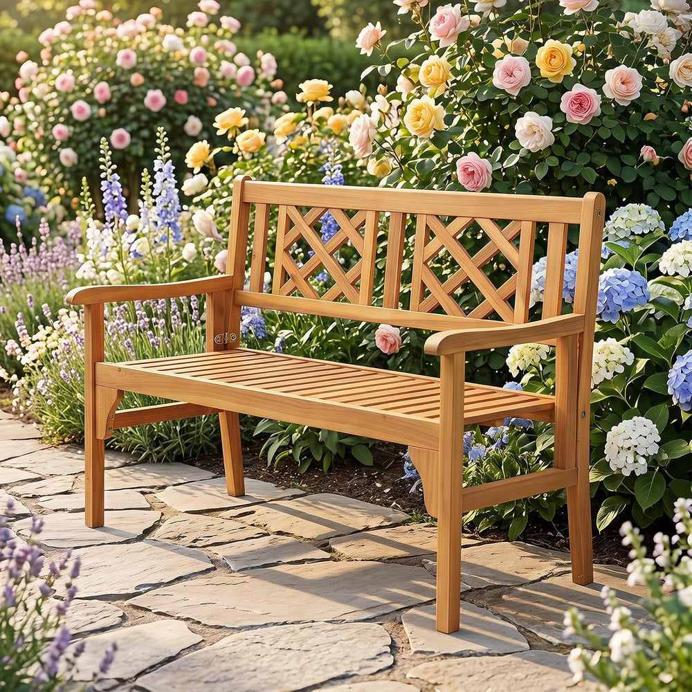 HAPPYGRILL Outdoor Patio Bench Acacia Wood Garden Bench with Backrest and Arm...