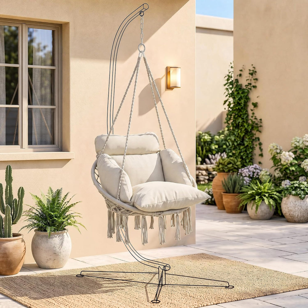 Outsunny Hammock Swing Chair w/ Large Cushion Cotton Rope Chain Cream White