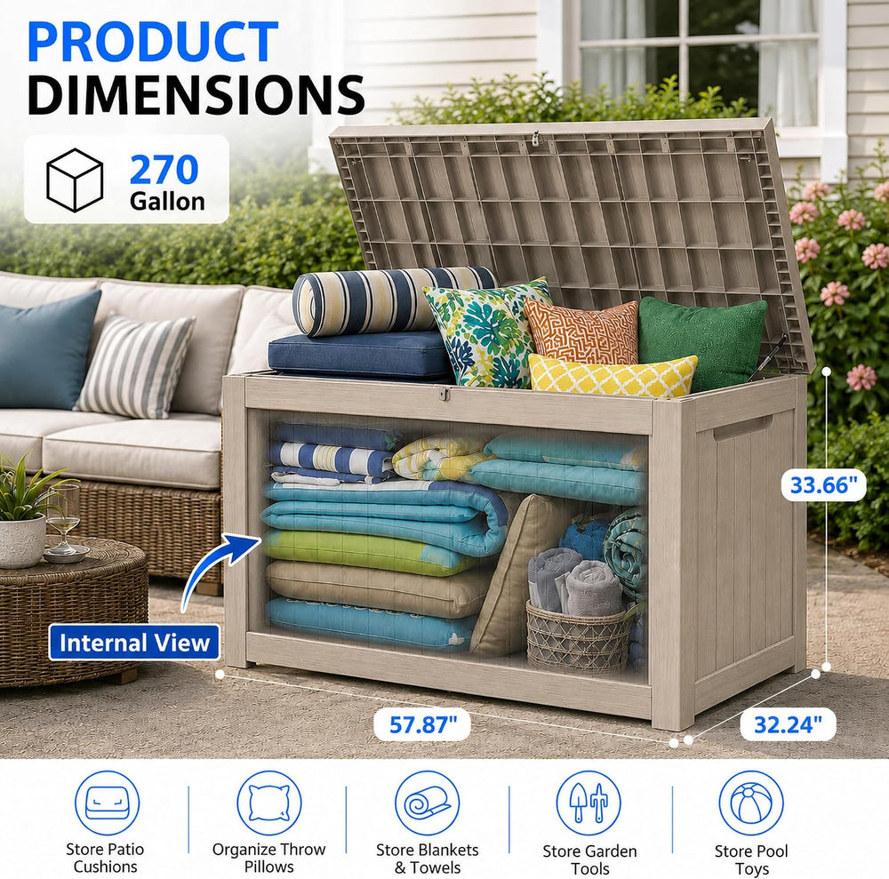 300 Gallon Outdoor Storage Box Resin Deck Box All Weather Waterproof Large Lo...