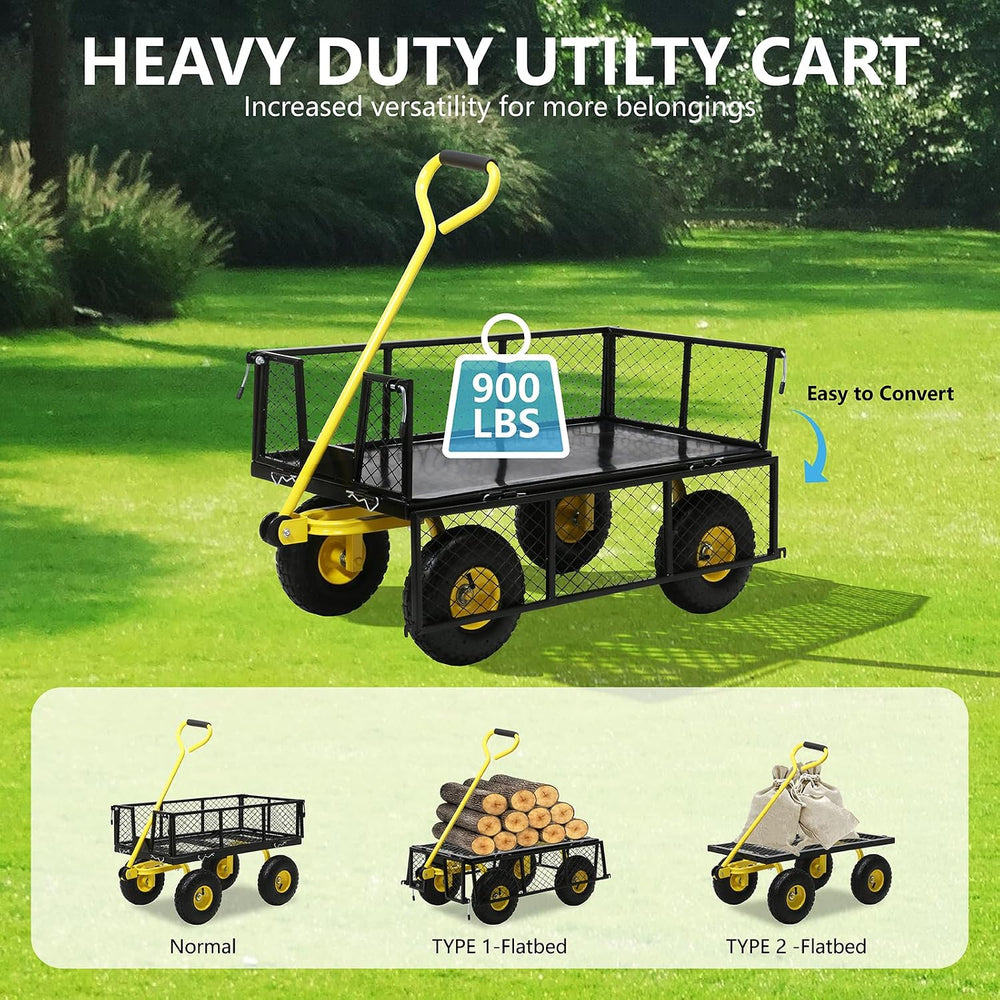 Steel Garden Cart, 2-in-1 Heavy Duty Utility Wagon 900 LBS Capacity Carts wit...