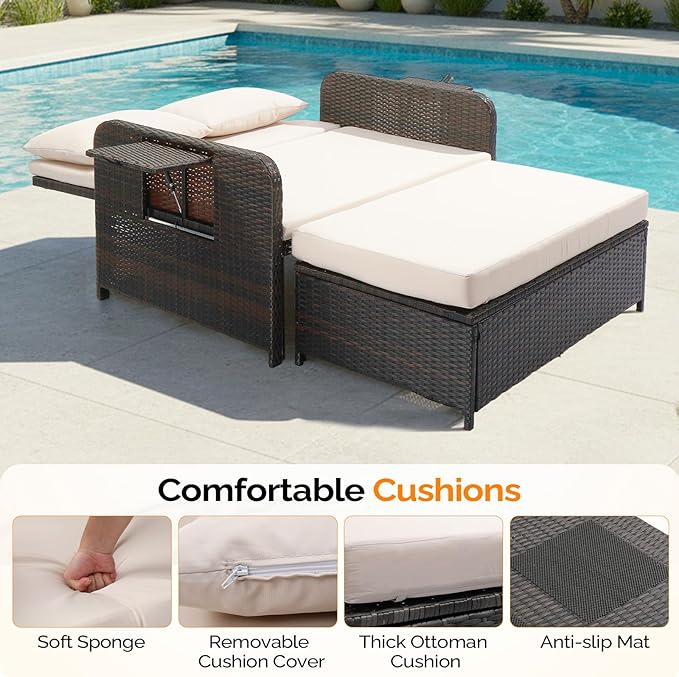 VINGLI Patio Daybed, Wicker Outdoor Daybed with Storage Ottoman & 5-Level...