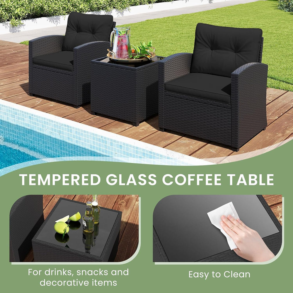ORALNER 3 Pieces Patio Furniture Set, Black Wicker Bistro Set (Black)