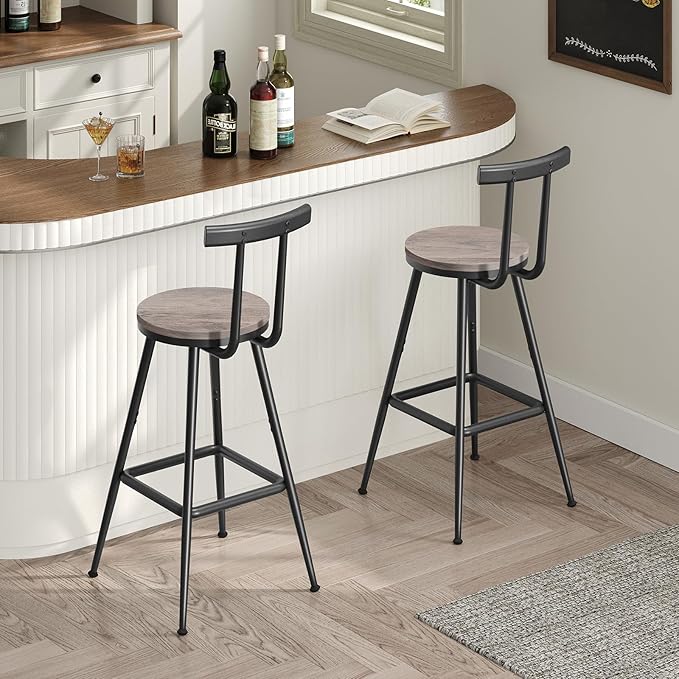 Bar Stools, Set of 2 Bar Chairs with Backrest and Footrest, 26" Tall Cou...