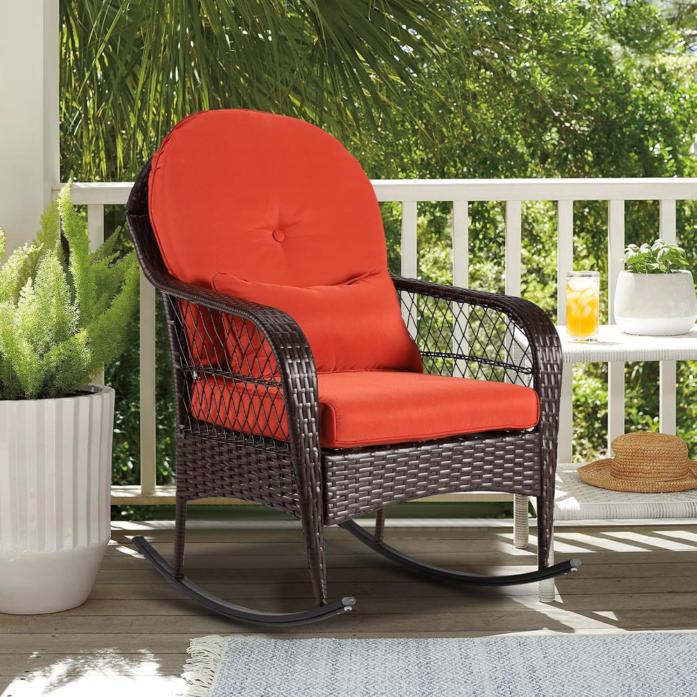 LVUYOYO Outdoor Wicker Rocking Chair, Patio Rattan Rocker Chair with Cushions...