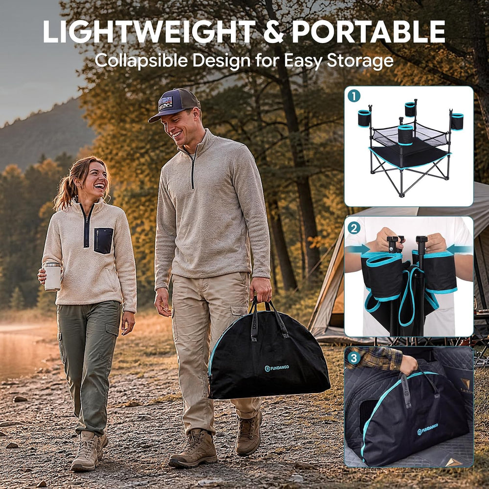 FUNDANGO Foldable Camping Table, 3-Tier Removable Mesh Shelf, 4 Cup Holders