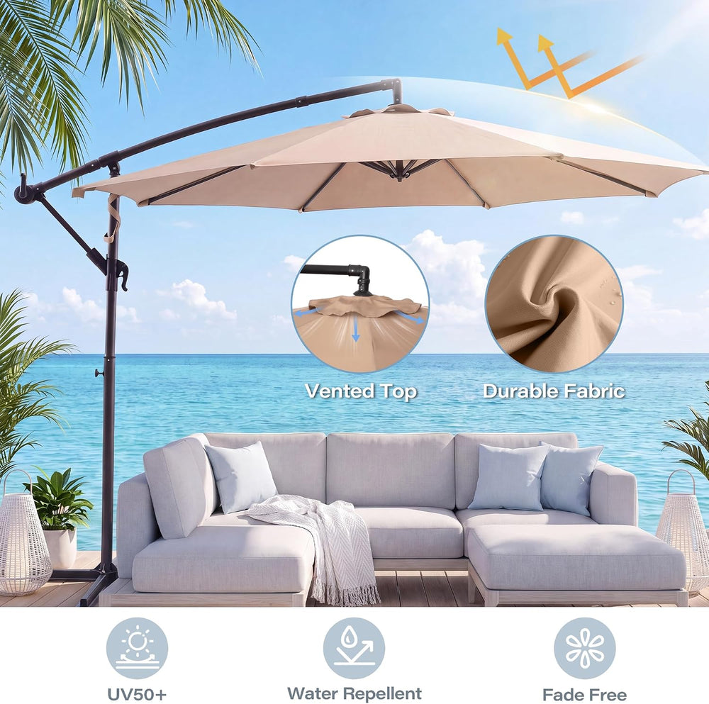 10ft Offset Patio Umbrella, Cantilever Shade, Khaki