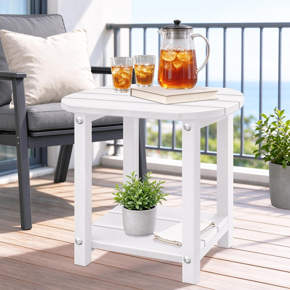 LZRS 2-Tier Patio Side Table, Heavy Duty HDPE Outdoor End Table with Wood Tex...