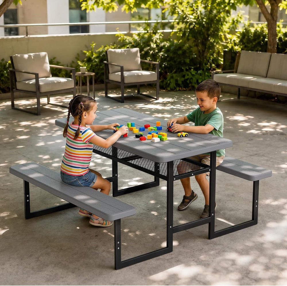 VINGLI 4.5FT Outdoor Picnic Table with Storage Shelf & Umbrella Hole, All...