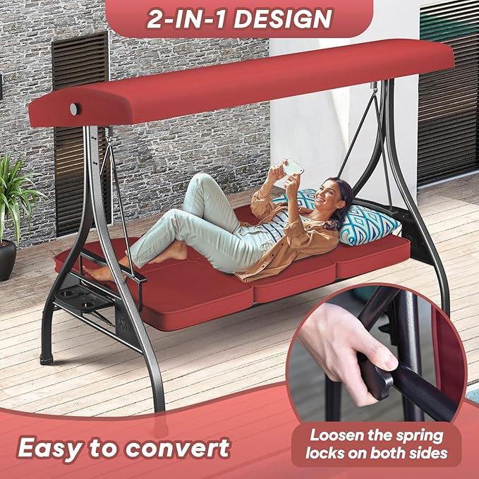 3 Seat Outdoor Porch Patio Swing with Stand 800lbs 2-in-1 Convertible Swing B...