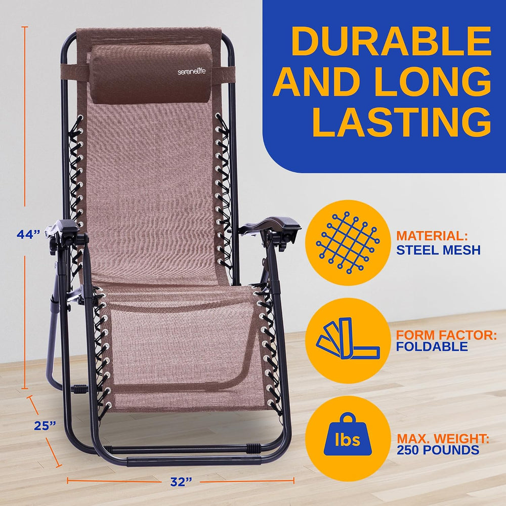 SereneLife 2 Pack Zero Gravity Recliner Chairs with Table, Brown
