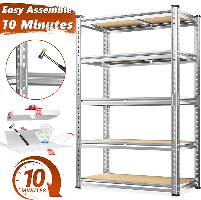 REIBII Garage Shelving, 5 Tier Storage Shelves Load 2400LBS, Adjustable Garag...