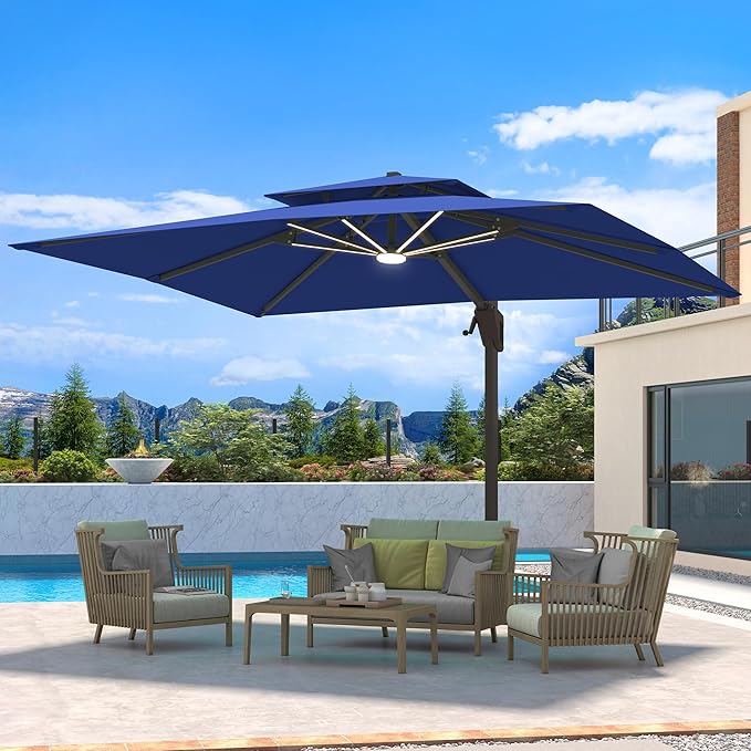 10 X 13 FT Cantilever Patio Umbrella with LED Lights Outdoor Heavy Duty Doubl...