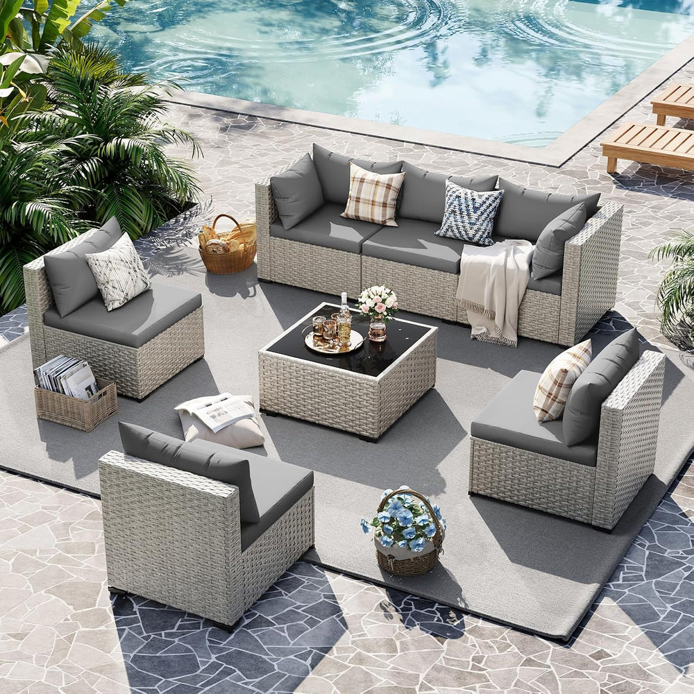 UDPATIO Outdoor Patio Furniture Set 7 Pcs Wicker Sectional Sofa Grey
