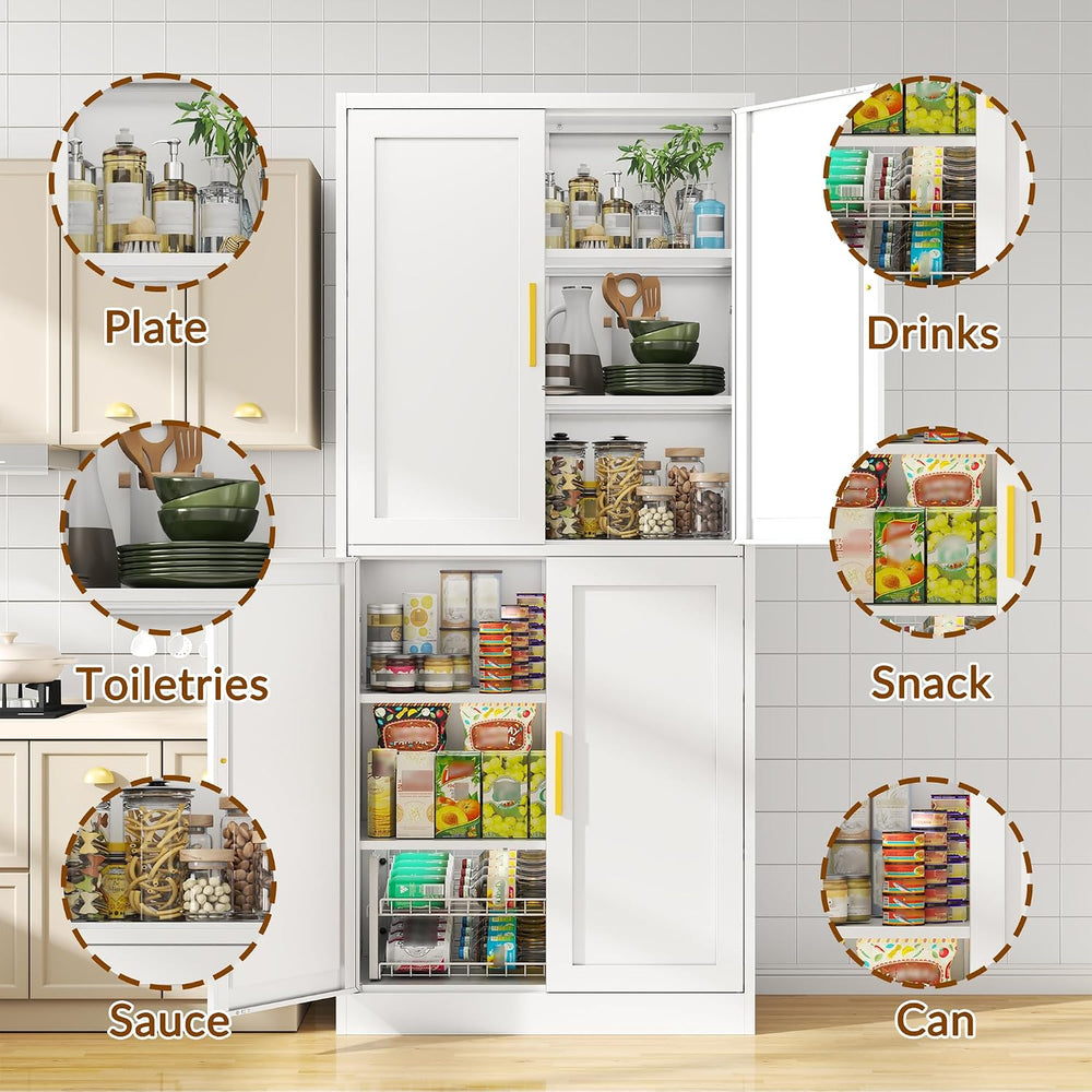 CJF White Kitchen Pantry Cabinet,71 Inch Tall Metal Storage Cabinet with 4 Ad...