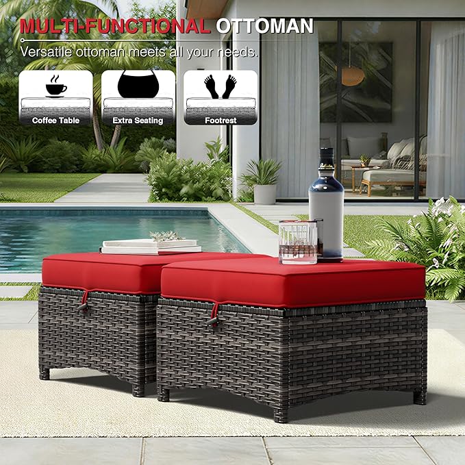 Joyside Outdoor Ottoman Set of 2, Patio Large Ottoman Foot Rest with Thickene...