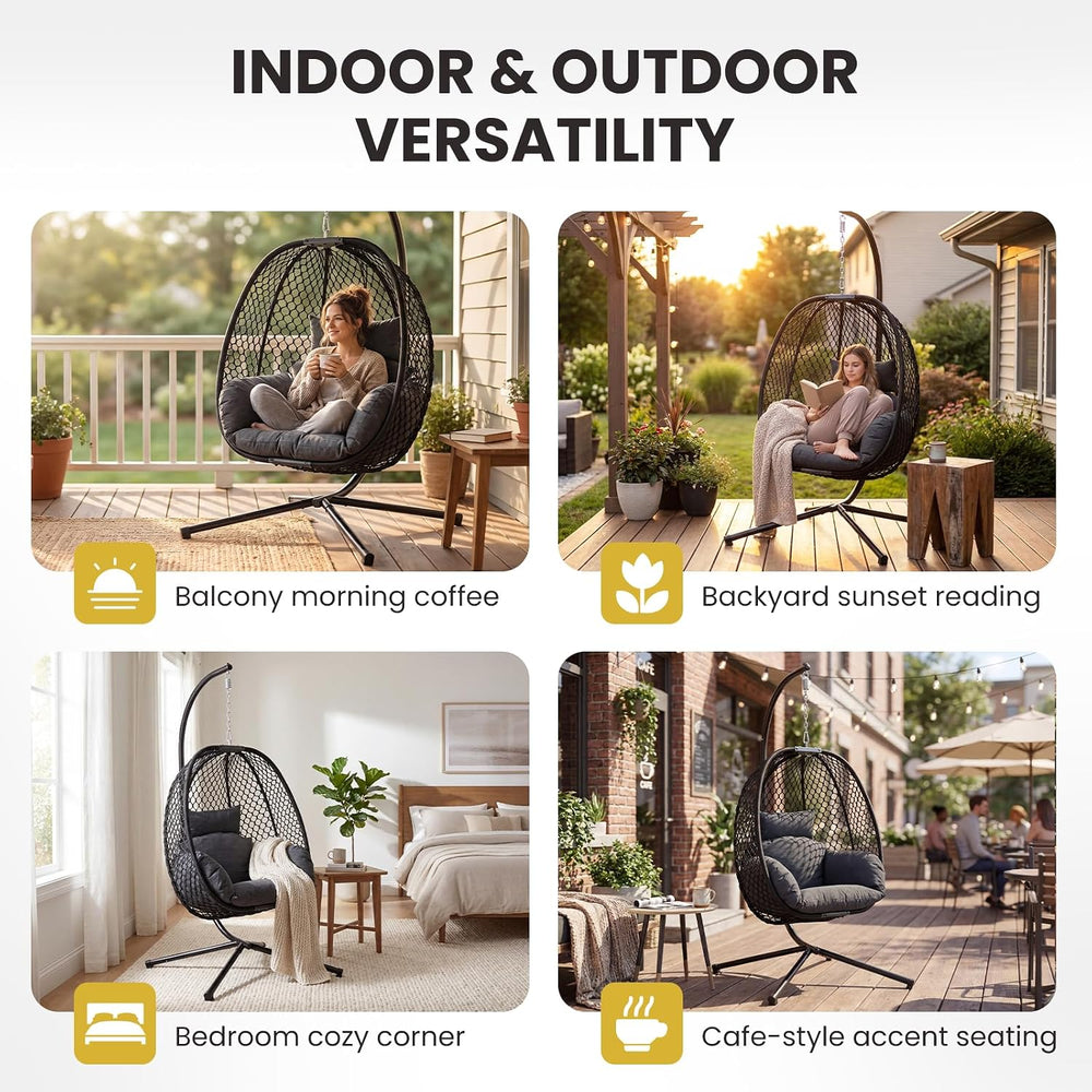Egg Chair Outdoor with Stand, 400lbs Wicker Hanging Egg Swing Chair, Porch Sw...