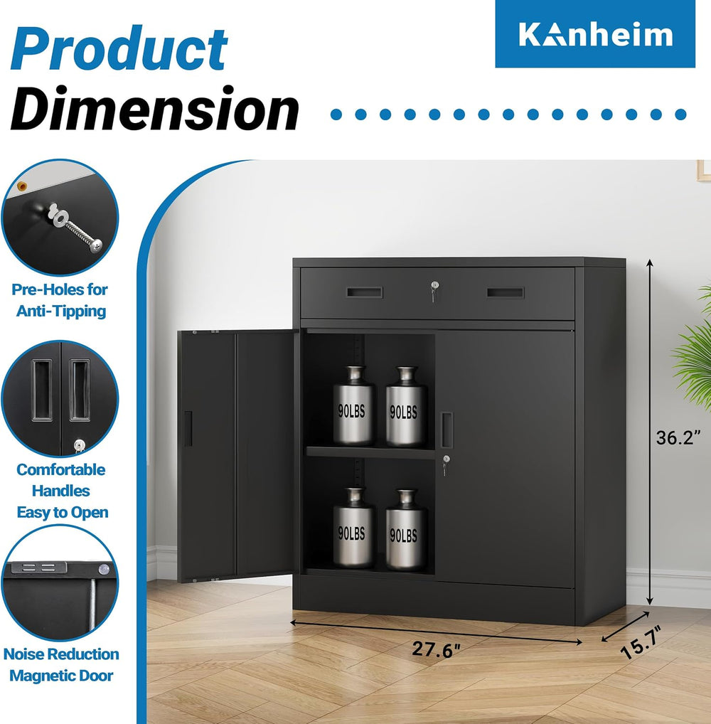 Metal Storage Cabinet, 36" Locking Cabinet with 1 Drawer & Shelves